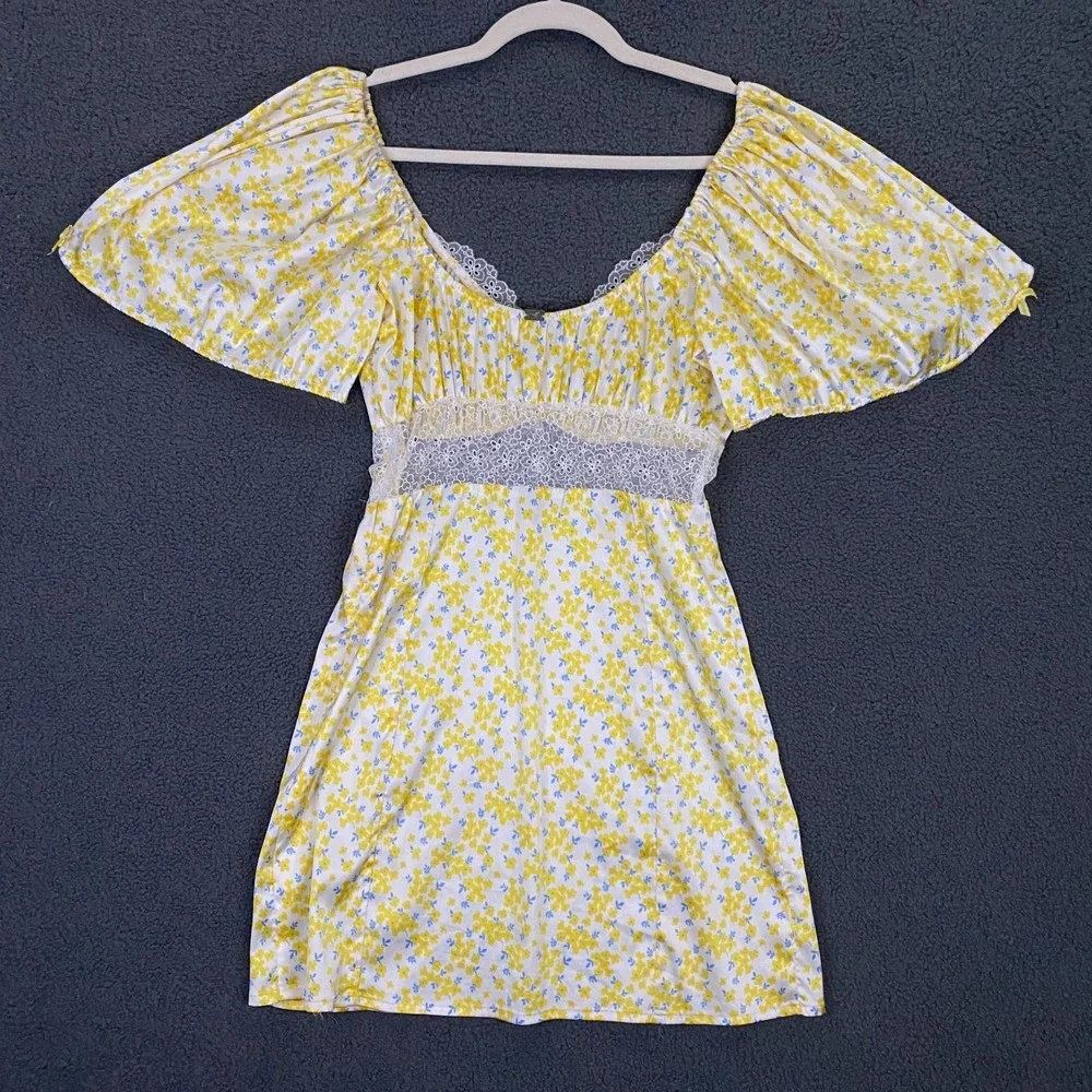 For Love & Lemons Dress FITS XS Yellow Daffodil Floral Puff Sleeve Satin Mini